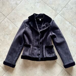 Vintage Mudd Jacket Faux Fur Lined Suede Y2K Black Button Up Retro Women Sz S